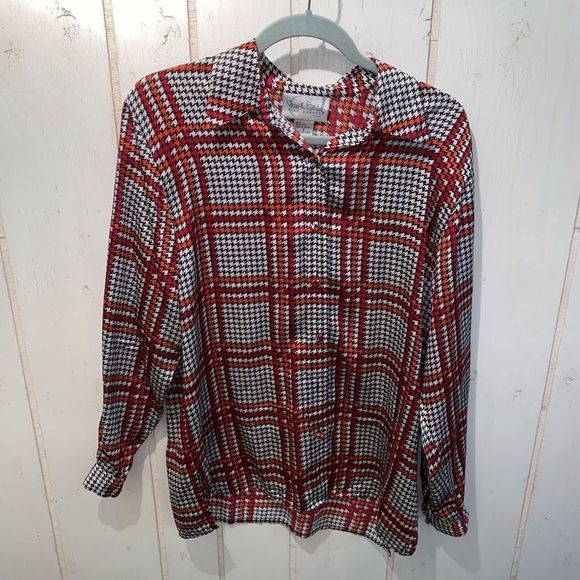 Diane Von Furstenberg Silk Vintage Red Black and White Windowpane Blouse Size Sm - Picture 4 of 8